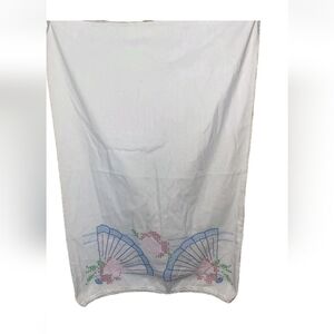 Pair Of Vintage Hand Embroidered Pillow Cases Blue Fans And Flowers Kitchy